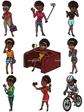 Black woman using mobile phone collection - Images isolated on white background. Transparent PNG and vector (infinitely scalable) EPS