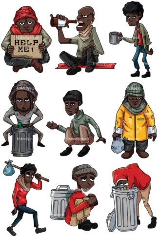 Homeless black men. PNG - JPG and vector EPS file formats (infinitely scalable). Images isolated on transparent background.