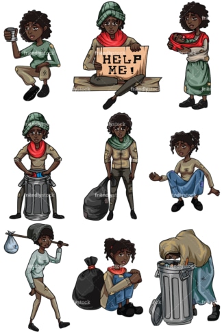 Homeless black women. PNG - JPG and vector EPS file formats (infinitely scalable). Images isolated on transparent background.