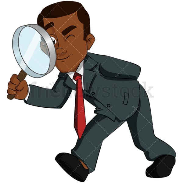 Black business man magnifying glass - Image isolated on transparent background. PNG