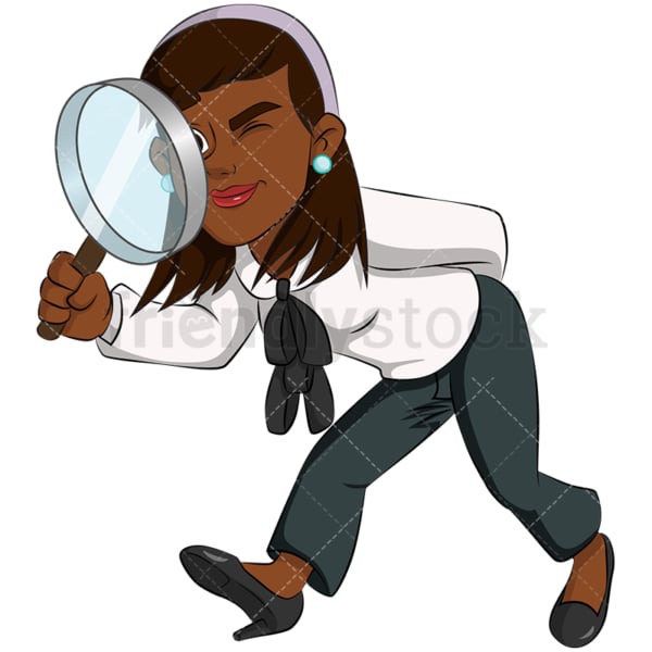 Black business woman magnifying lens - Image isolated on transparent background. PNG