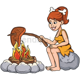 Cave woman cooking meat on fire - Image isolated on transparent background. PNG