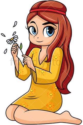 Girl picking petals off daisy. PNG - JPG and vector EPS file formats (infinitely scalable). Image isolated on transparent background.
