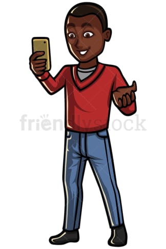 Black man video calling with cellphone - Image isolated on white background. Transparent PNG and vector (infinitely scalable) EPS