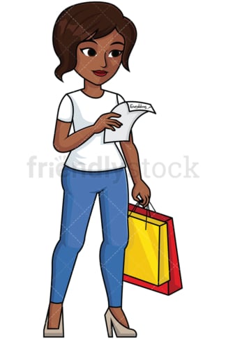 Black woman reading shopping list - Image isolated on transparent background. PNG