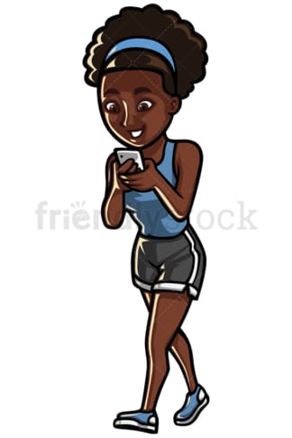 Black woman texting while walking - Image isolated on white background. Transparent PNG and vector (infinitely scalable) EPS