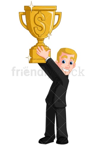 Business man holding gold trophy - Image isolated on transparent background. PNG