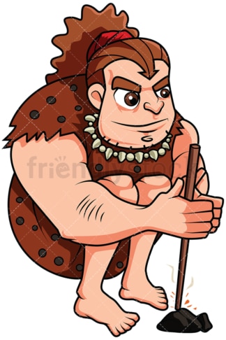 Prehistoric Man Trying To Light A Fire By Rubbing Sticks - Image isolated on white background. Transparent PNG and vector (infinitely scalable) EPS
