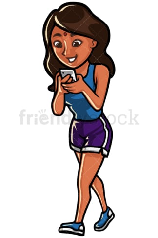 Indian woman texting while walking - Image isolated on white background. Transparent PNG and vector (infinitely scalable) EPS