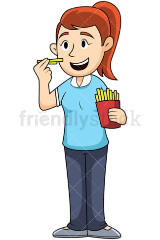 Woman eating french fries - Image isolated on transparent background. PNG