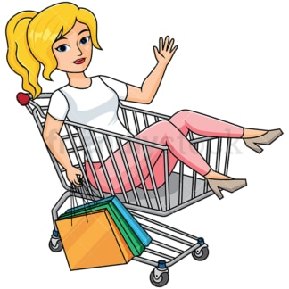 Woman inside shopping cart holding bags - Image isolated on transparent background. PNG