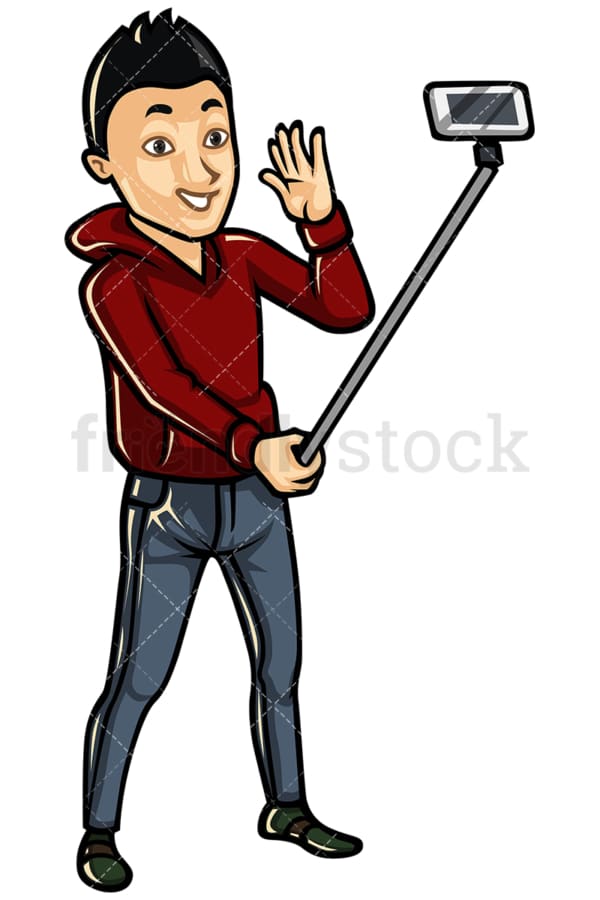 Asian man taking photo with selfie stick - Image isolated on white background. Transparent PNG and vector (infinitely scalable) EPS