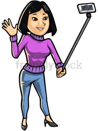Asian woman taking selfie with stick - Image isolated on white background. Transparent PNG and vector (infinitely scalable) EPS