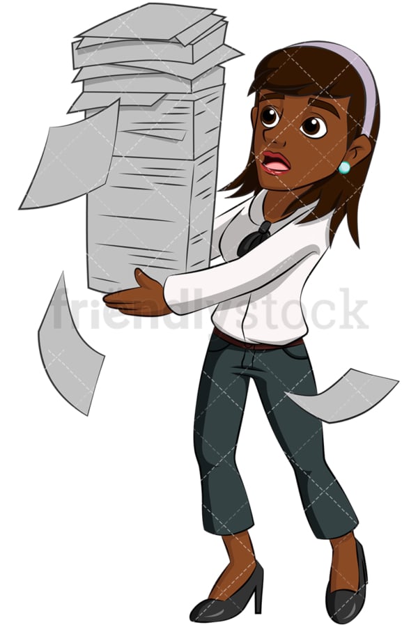 Black business woman paper stack - Image isolated on transparent background. PNG