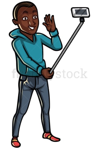 Black man taking photo with selfie stick - Image isolated on white background. Transparent PNG and vector (infinitely scalable) EPS