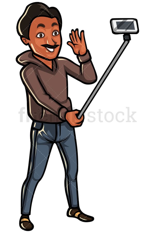 Indian man taking photo with selfie stick - Image isolated on white background. Transparent PNG and vector (infinitely scalable) EPS