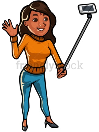 Indian woman taking selfie with stick - Image isolated on white background. Transparent PNG and vector (infinitely scalable) EPS