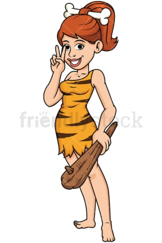 Pretty cave woman holding club - Image isolated on transparent background. PNG