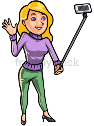 Woman taking a photo with selfie stick - Image isolated on white background. Transparent PNG and vector (infinitely scalable) EPS