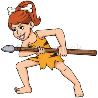 Angry cave woman attacking with spear - Image isolated on transparent background. PNG