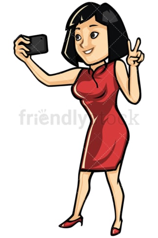 Asian woman taking selfie with cellphone - Image isolated on white background. Transparent PNG and vector (infinitely scalable) EPS