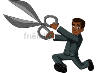 Black business man holding scissors - Image isolated on transparent background. PNG