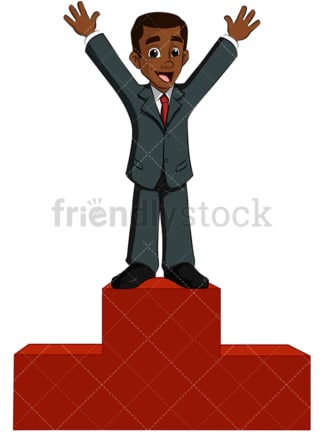 Black business man on winner podium - Image isolated on transparent background. PNG
