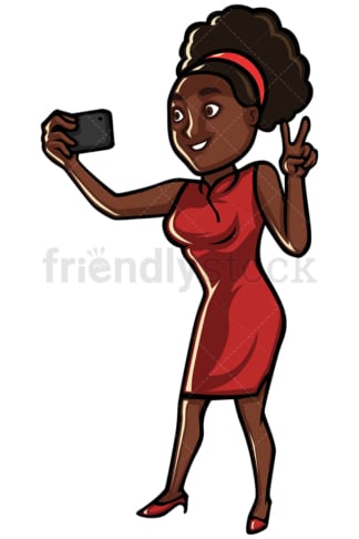 Black woman taking selfie with cellphone - Image isolated on white background. Transparent PNG and vector (infinitely scalable) EPS