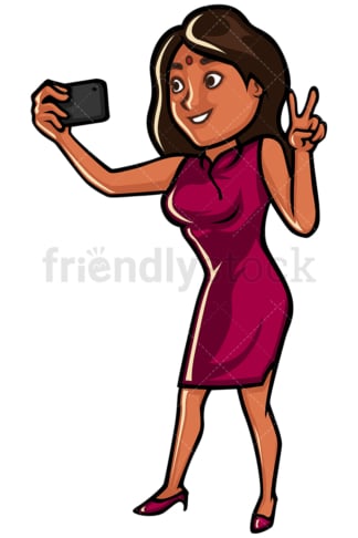 Indian woman taking selfie with cellphone - Image isolated on white background. Transparent PNG and vector (infinitely scalable) EPS