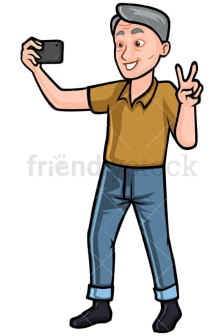 Mature man taking selfie on mobile phone - Image isolated on white background. Transparent PNG and vector (infinitely scalable) EPS, PDF.