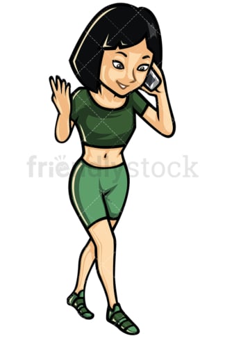Asian woman on the phone while walking - Image isolated on white background. Transparent PNG and vector (infinitely scalable) EPS