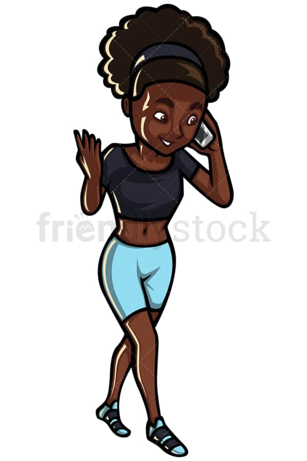 Black woman on the phone while walking - Image isolated on white background. Transparent PNG and vector (infinitely scalable) EPS