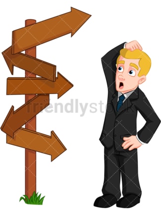 Confused businessman direction signs - Image isolated on transparent background. PNG