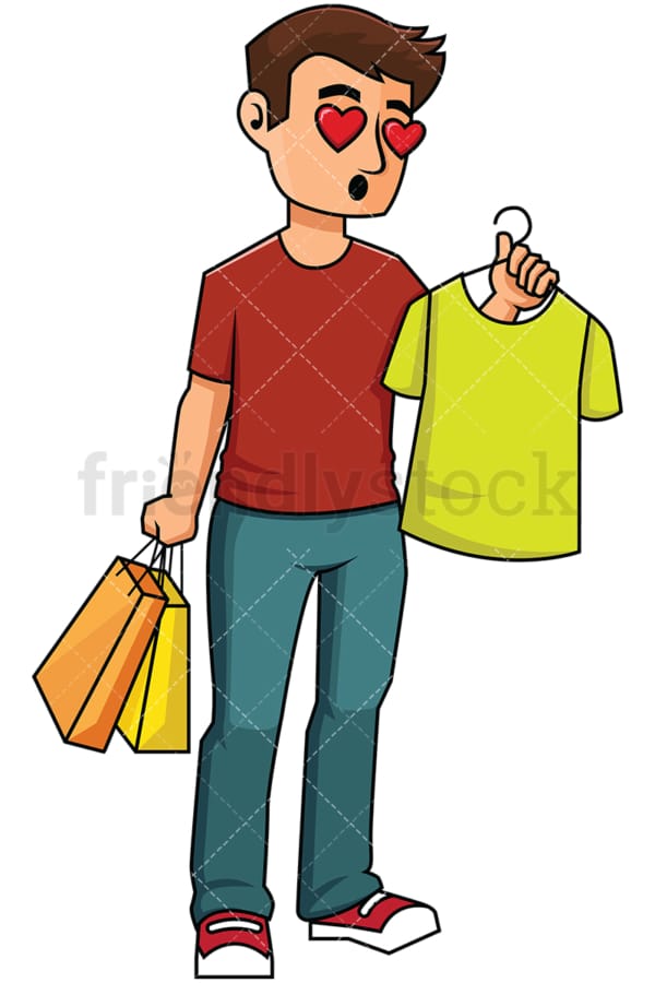 Man in love with t-shirt while shopping - Image isolated on transparent background. PNG