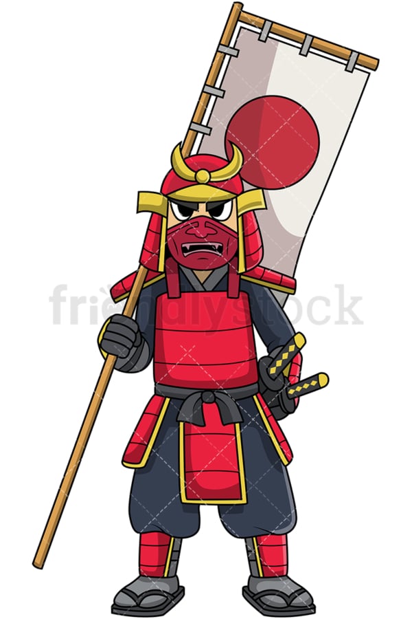 Samurai in armor holding flag. PNG - JPG and vector EPS file formats (infinitely scalable). Image isolated on transparent background.