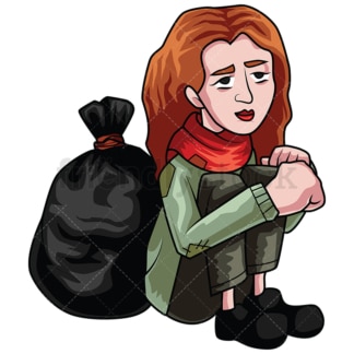 Homeless woman near trash bag. PNG - JPG and vector EPS file formats (infinitely scalable). Image isolated on transparent background.