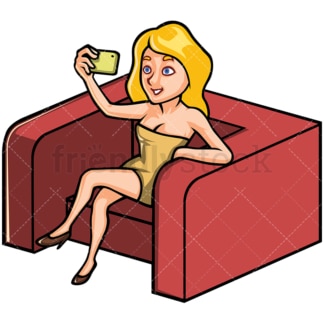 Seated woman taking selfie with her phone - Image isolated on white background. Transparent PNG and vector (infinitely scalable) EPS