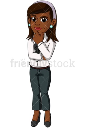 Serious black business woman thinking - Image isolated on transparent background. PNG