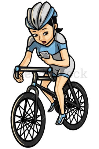 Asian woman texting while riding a bike - Image isolated on white background. Transparent PNG and vector (infinitely scalable) EPS