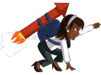 Black businesswoman launching with rocket - Image isolated on transparent background. PNG