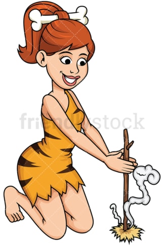 Cave woman making fire by rubbing stick - Image isolated on transparent background. PNG