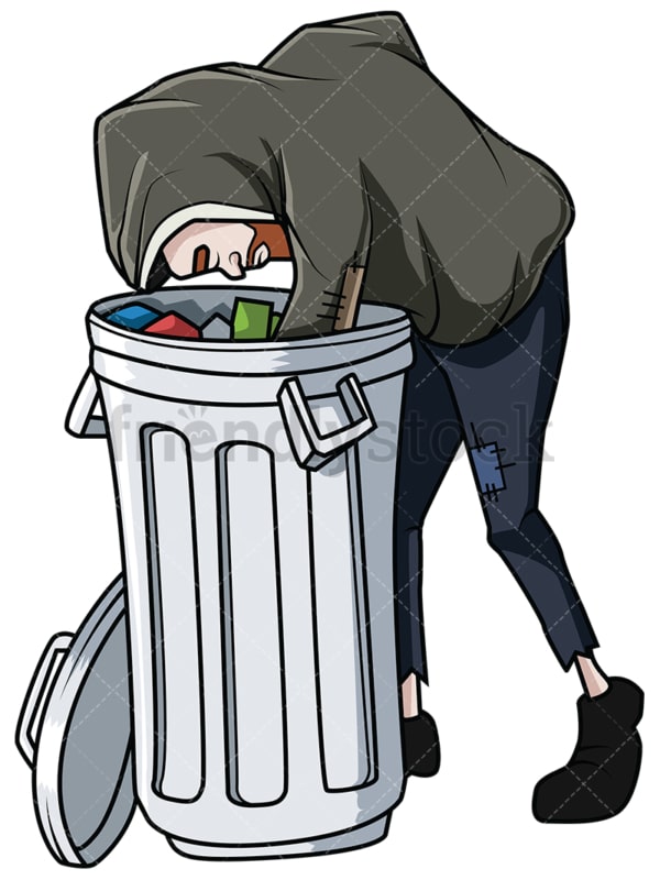 Homeless man looking for food in trash. PNG - JPG and vector EPS file formats (infinitely scalable). Image isolated on transparent background.