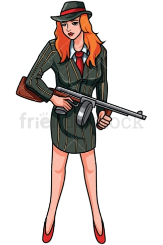 Russian female mobster with machine gun - Image isolated on transparent background. PNG