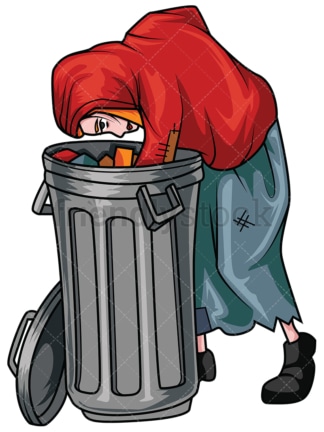 Woman looking for food in trash. PNG - JPG and vector EPS file formats (infinitely scalable). Image isolated on transparent background.