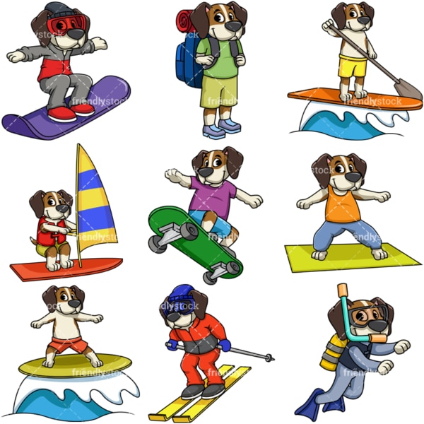 Beagle dog doing hobbies collection. PNG - JPG and vector EPS file formats (infinitely scalable). Image isolated on transparent background.
