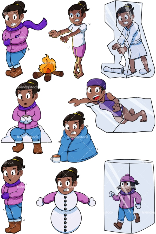 Black woman feeling cold. PNG - JPG and vector EPS file formats (infinitely scalable). Images isolated on transparent background.