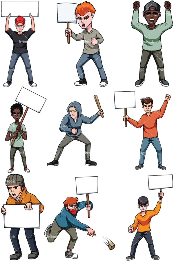 Man Holding Club During Riot Cartoon Vector Clipart - FriendlyStock
