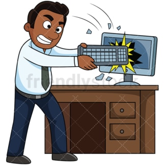 Angry black man wrecking computer. PNG - JPG and vector EPS file formats (infinitely scalable). Image isolated on transparent background.