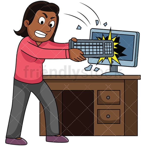 Angry black woman breaking computer. PNG - JPG and vector EPS file formats (infinitely scalable). Image isolated on transparent background.