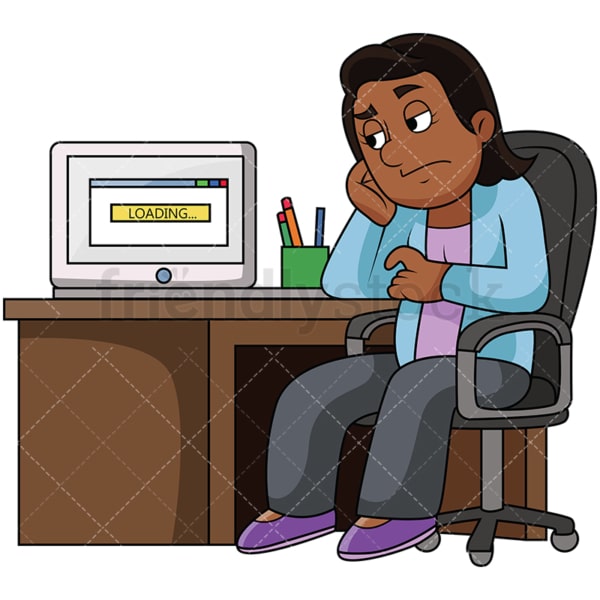 Black woman upset with slow computer. PNG - JPG and vector EPS file formats (infinitely scalable). Image isolated on transparent background.